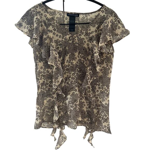 Vintage Y2K Silk Kenneth Cole Tan Brown Ditzy Floral Ruffle Tendril Blouse - Picture 1 of 5